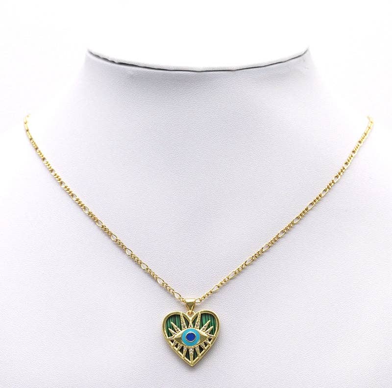 Gold CZ Enamel Evil Eye On Gemstone Heart Charm, Sku#LX102