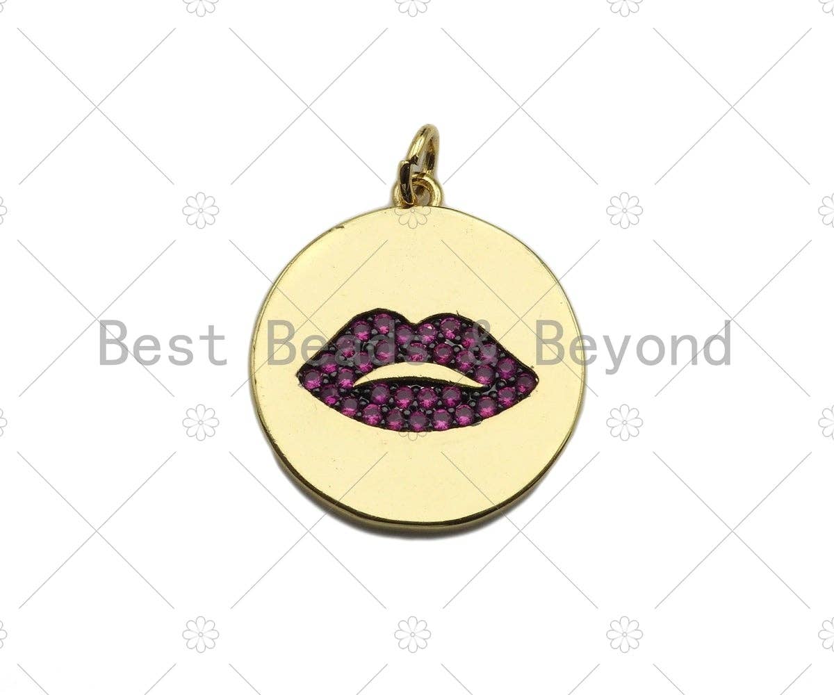 CZ Micro Pave Fuchsia Lip On Round Coin Shape Pendant Charm, Cubic Zirconia Lip Charm, Real Gold Plated Charm,20x22mm,Sku#L356