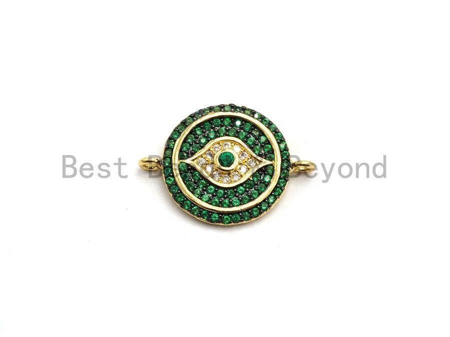 Colorful CZ Micro Pave Round Evil Eye Connector, Green/Black/Cobalt/Turquoise/Champagne/Fuchsia Spacer Connector, 15x21mm,sku#E415