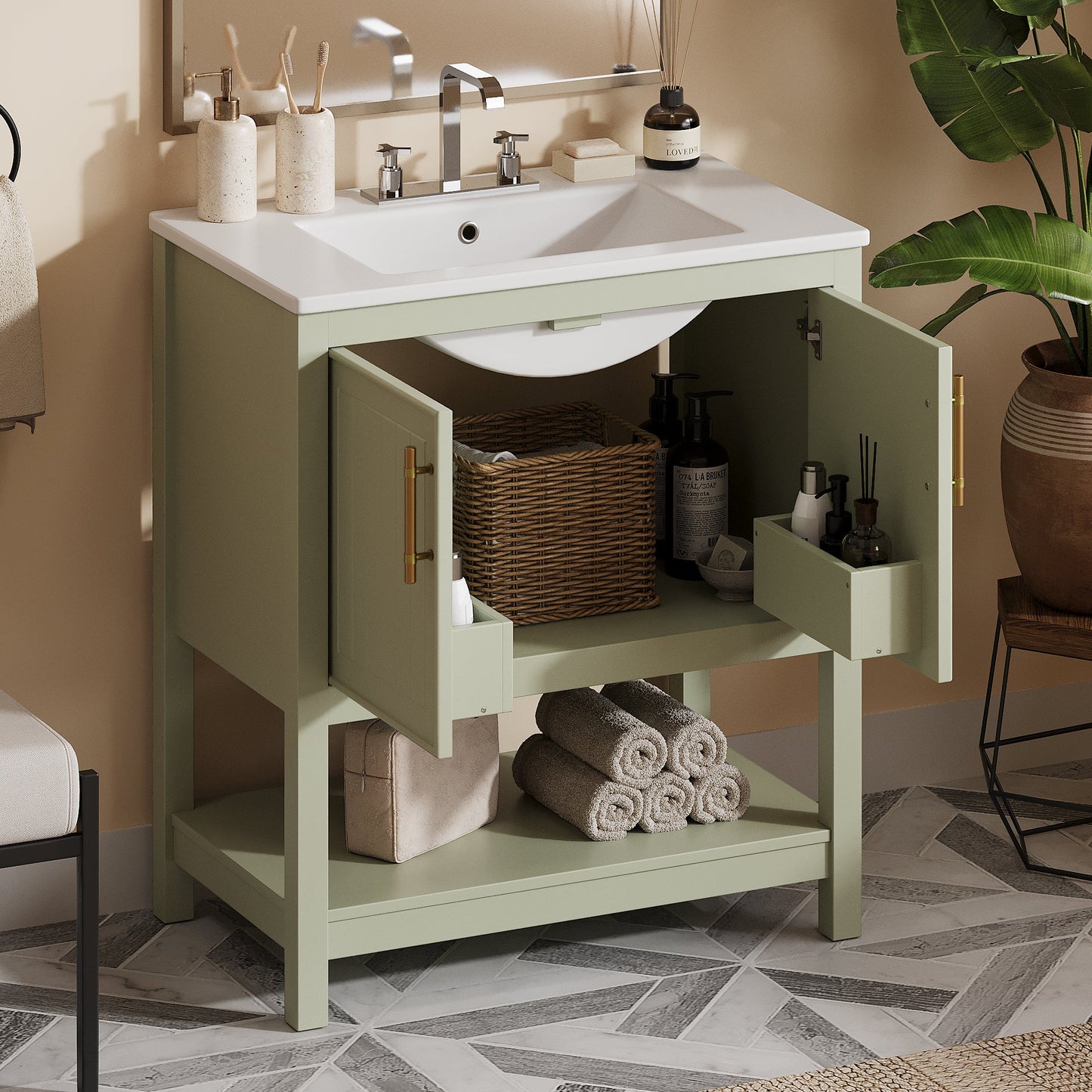30-Inch Green Bathroom Vanity with Ceramic Sink