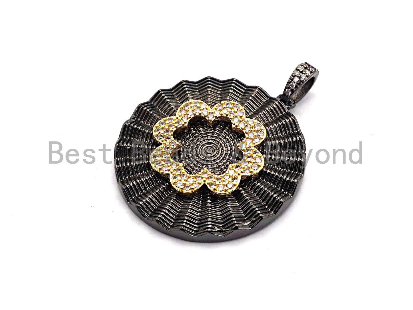 CZ Clear/Black Micro Pave Round With Flower Pendant, CZ Pave Pendant, Gold/Rose Gold/Silver/Gunmetal plated, 36x38mm, Sku#F772