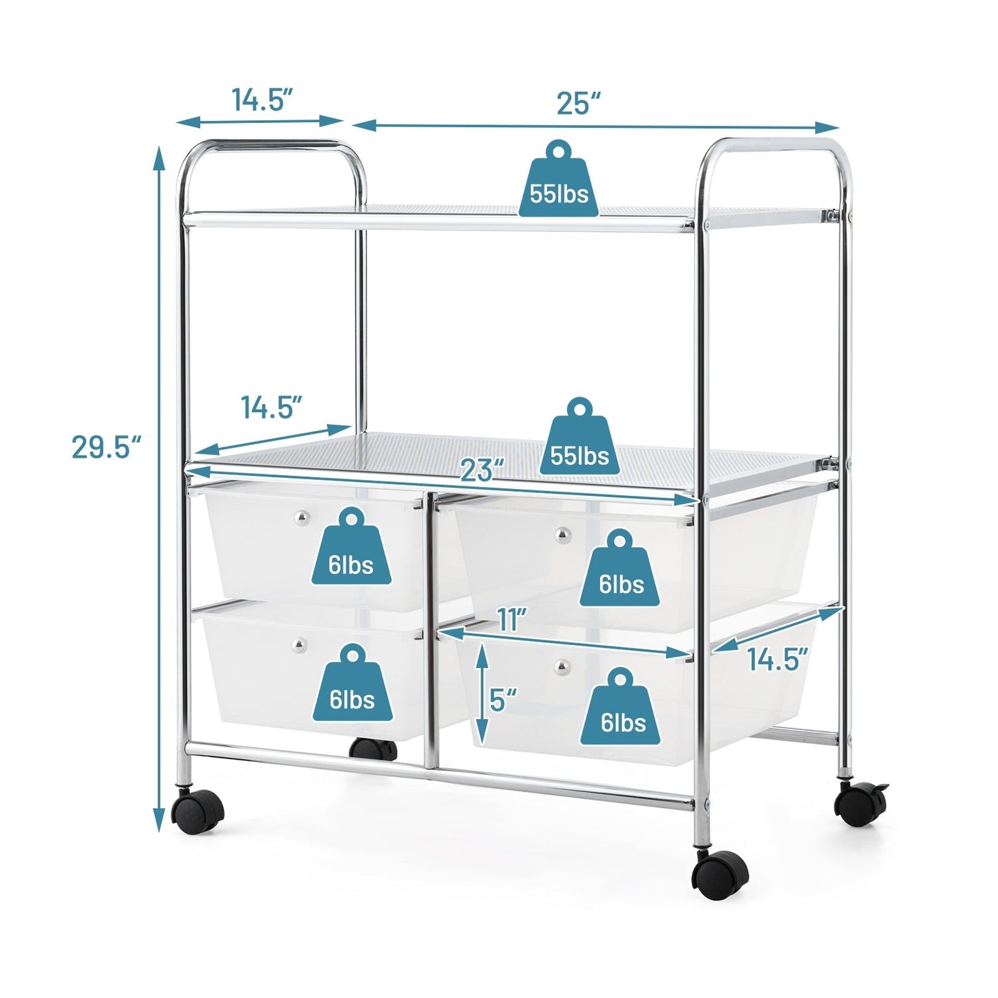 Mobile 4 Drawers Shelves Rolling Storage Cart Rack