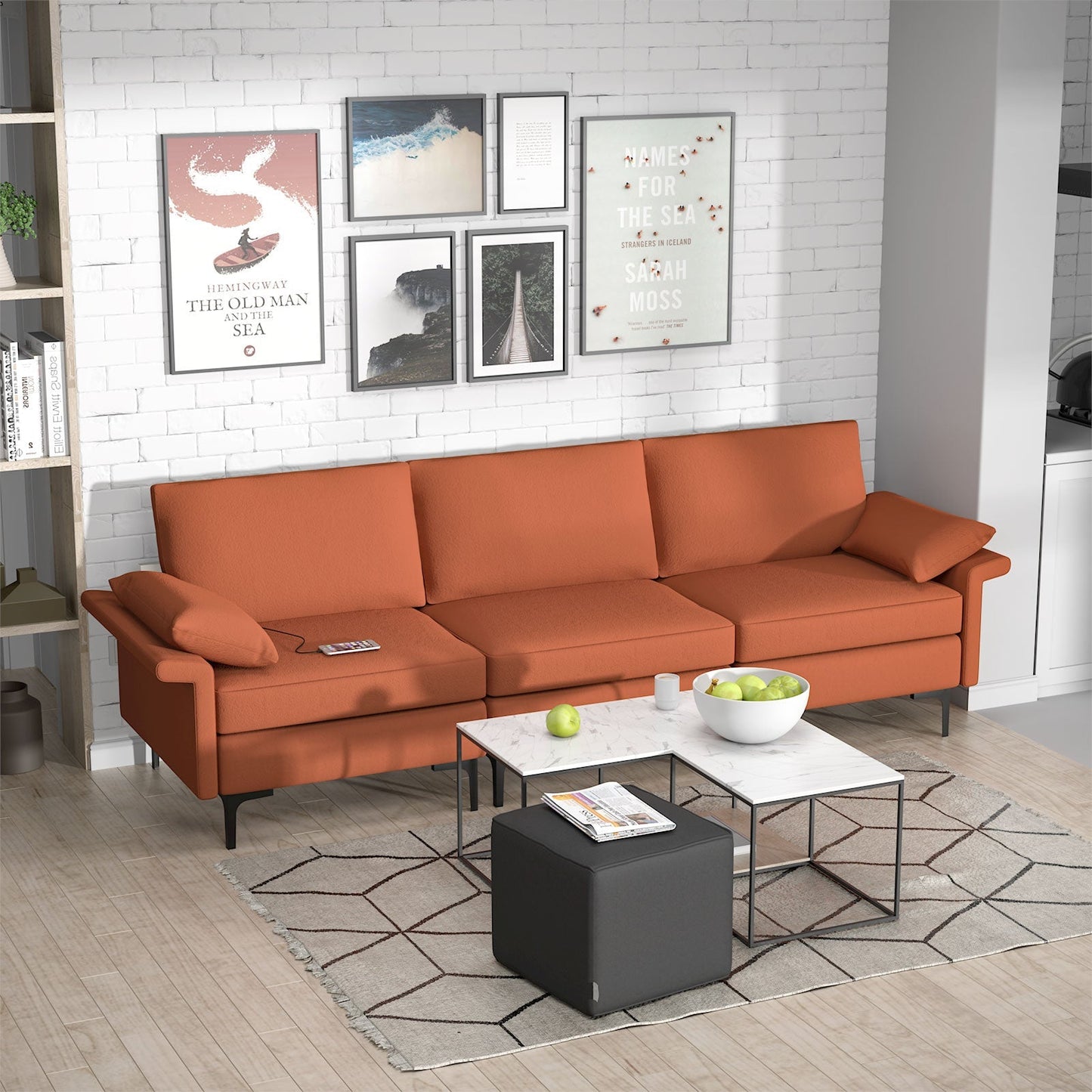 Large 3-Seat Sofa Sectional with Metal Legs and 2 USB Ports for 3-4 people