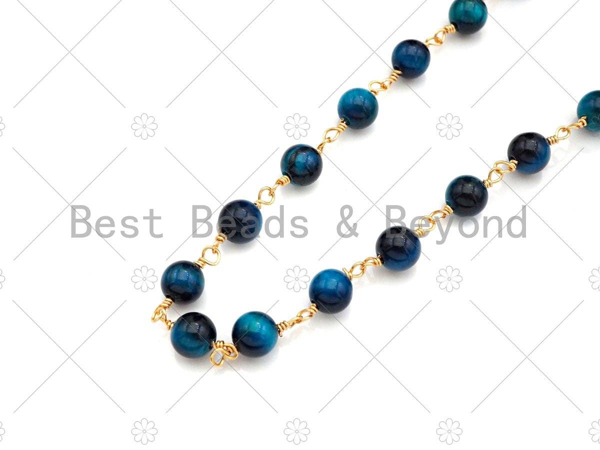Green/Navy Blue/Teal Blue High Quality Tiger Eye Rosary Chain, 6mm Beaded Chain, Wire Wrapped Gold Chain,Sku#V78
