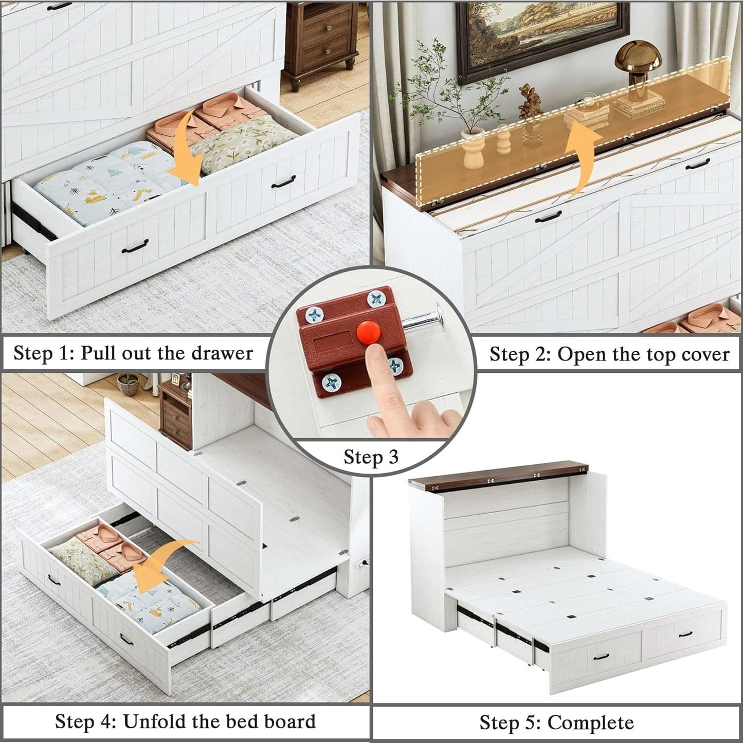 Queen Murphy Bed Frame Integrated Charging Station White