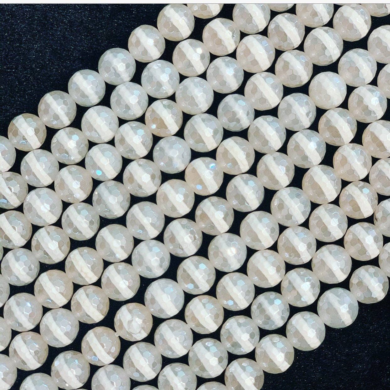 Mystic Plated White One Line Tibetan Agate, 8mm/10mm/12mm Round Facted Agate Beads, Natural White Tibetan Agate, 15.5Full Strand,sku# UA100