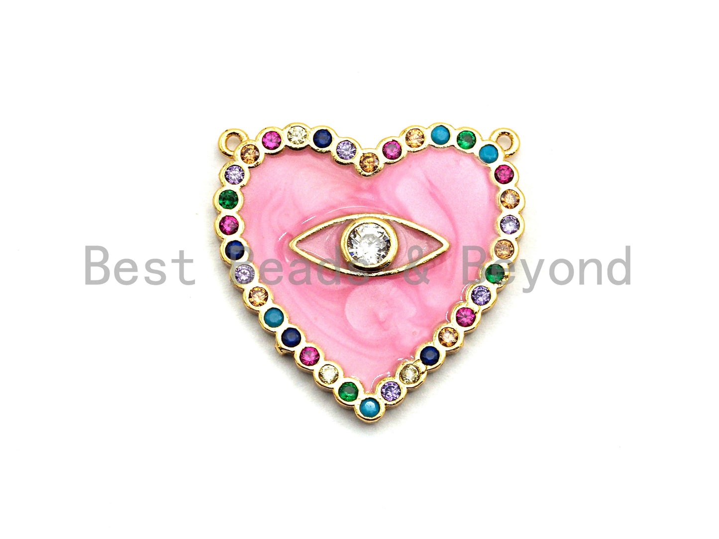 CZ Colorful Micro Pave Enamel Heart With Evil Eye Pendant, Pink Heart ,Heart Shaped Pave Pendant, Gold plated, 26x27mm, Sku#F852