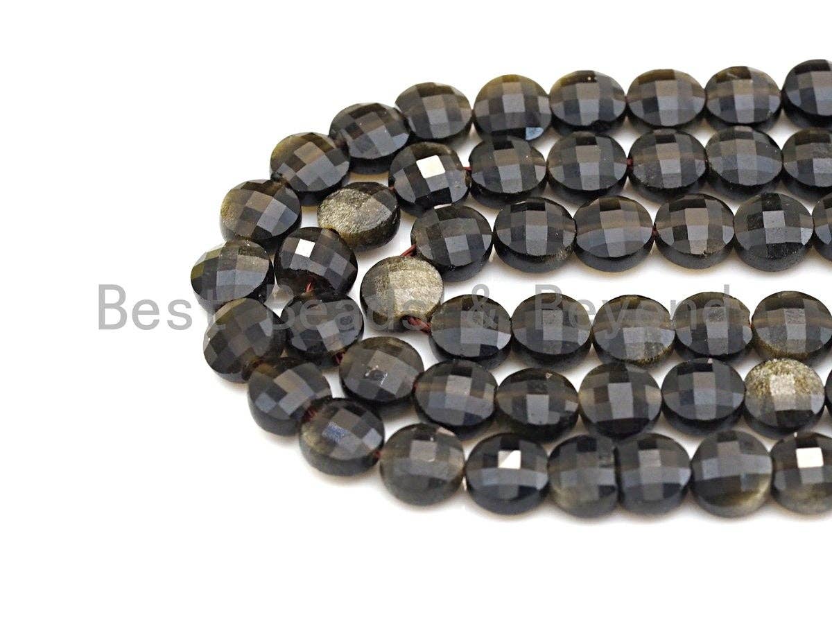 Double Sided Turtle Shell Cut Natural Silver Obsidian Coin Shape beads, 6mm/8mm/10mm Natural Gemstone Beads, 15.5" Full strand, Sku#U797