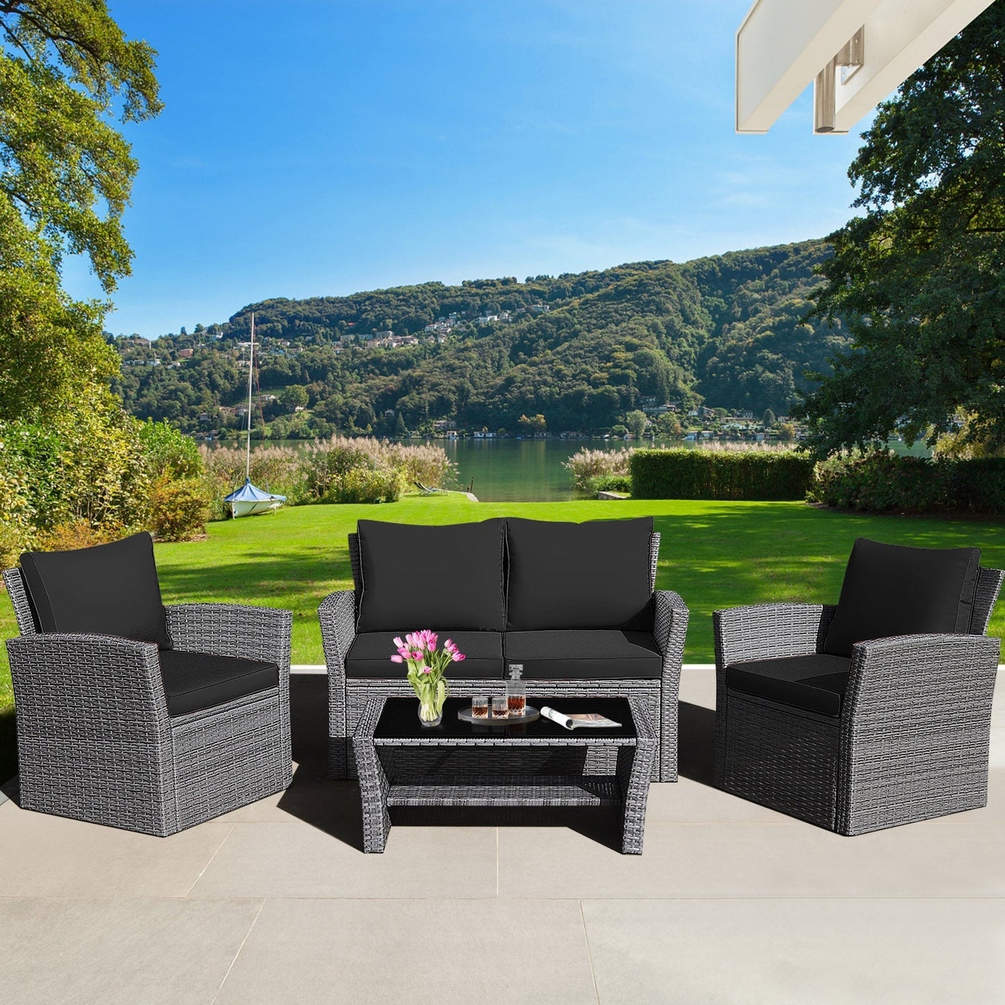 4 Pieces Patio Rattan Furniture Set Sofa Table with Storage Shelf Cushion
