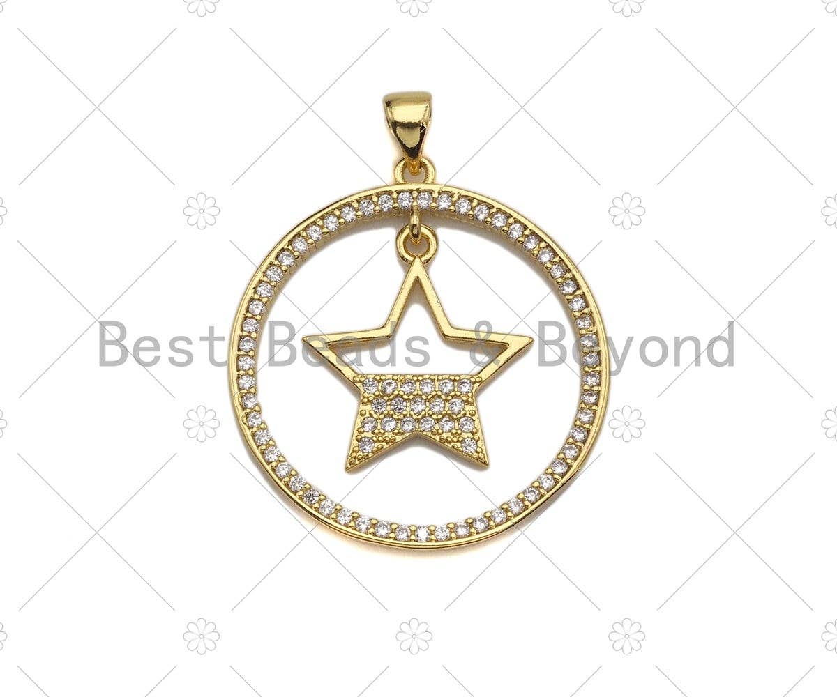 18k Shiny Gold Dangle Heart Dangle Star On Round Ring Charms, Gold Plated Charms, Heart Pendant, Gold Pendant, 27x29mm,Sku#LK141