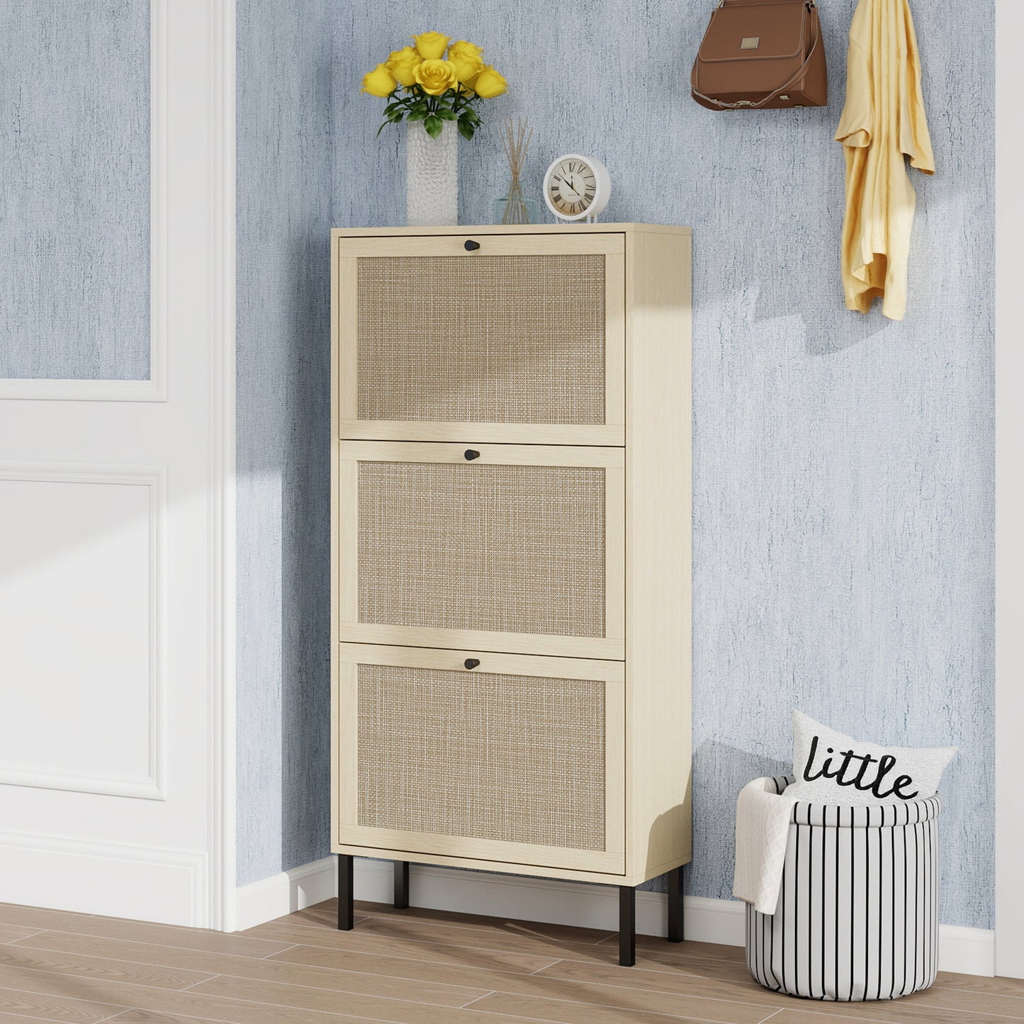 Rattan 3 Door Shoe Rack, Freestanding Modern Shoe Storage Cabinet