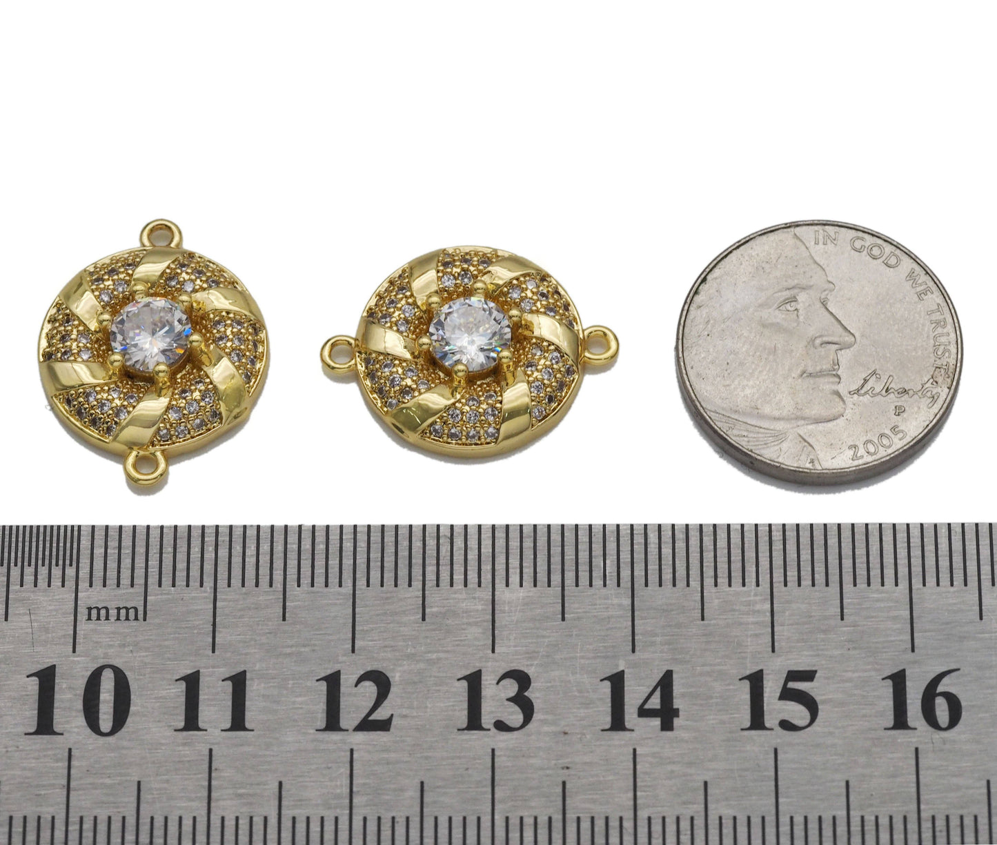 Big CZ Gold Swirl Round Connector Charm, Sku#LK769
