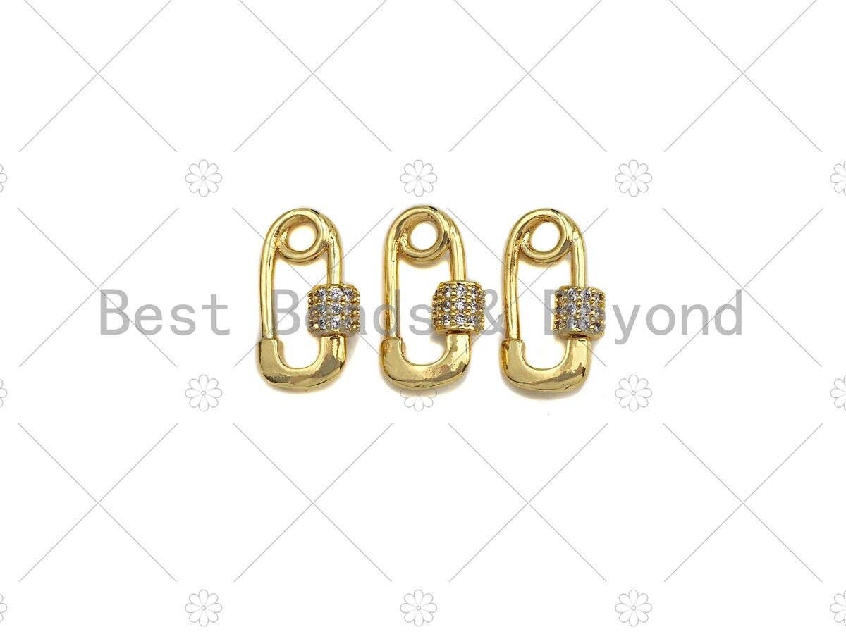Small 18K Gold Clear CZ Micro pave Safety Pin Shape Clasp, Carabiner Clasp Safety pin, Paper clip Chain connector clasp, 8x14mm, sku#LK12