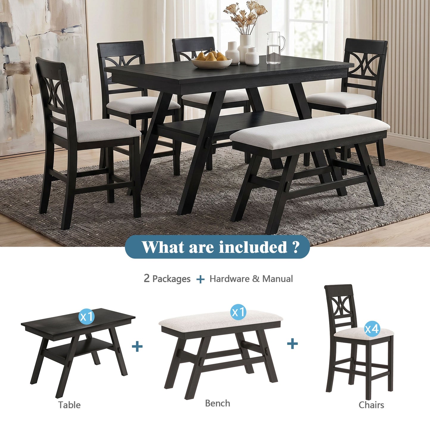 TOPMAX 6-Piece Wood Counter Height Dining Table Set with Storage Shelf
