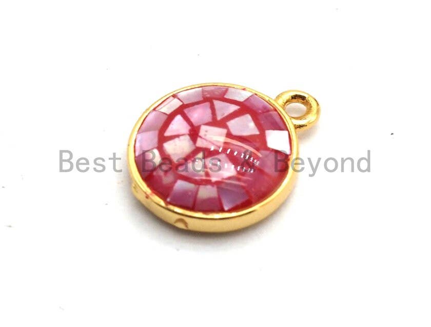 100% Natural HOT PINK Shell Round Pendand in Gold/Silver Finish, Fuchsia Pink Shell Charm Pendant, Shell Findings, 10x12mm,SKU#Z323