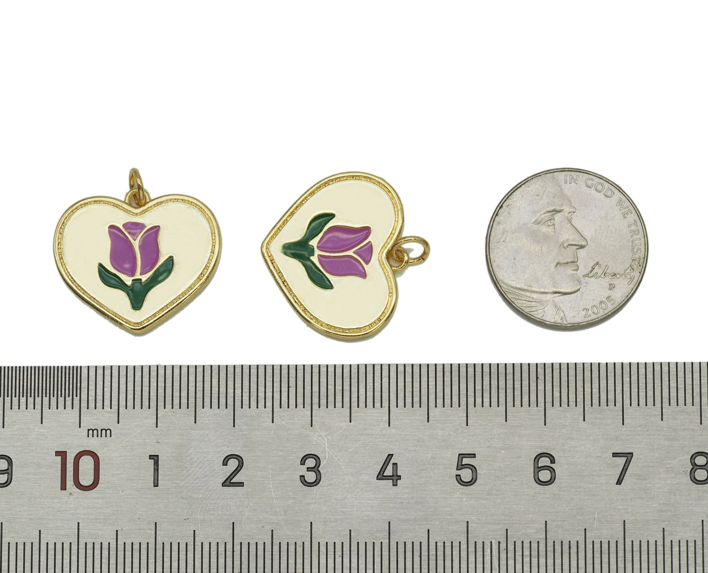 Enamel Tulip Flower On Heart Shape Pendant, Sku#L649