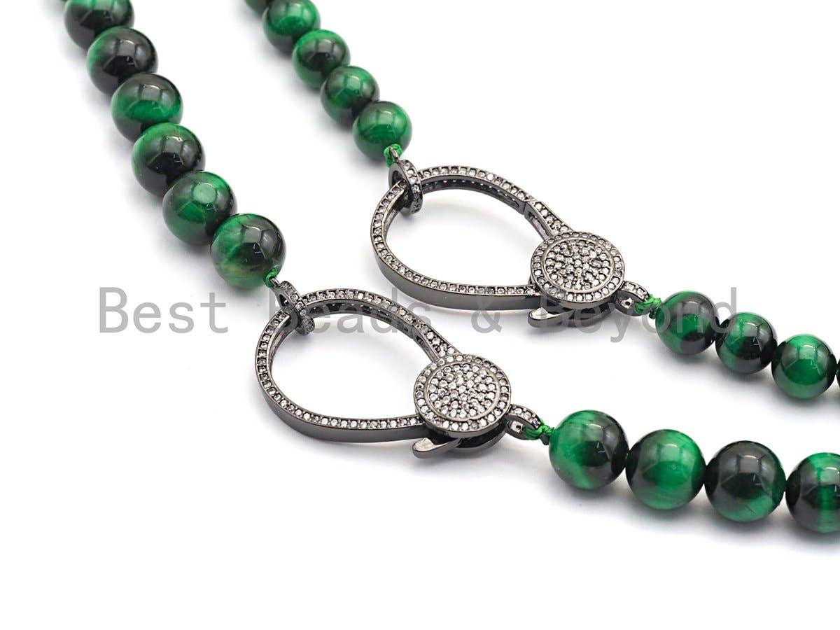 Green Tiger Eye Attachment Necklace with Large CZ Pave Gunmetal clasp, 18 long, sku#D37