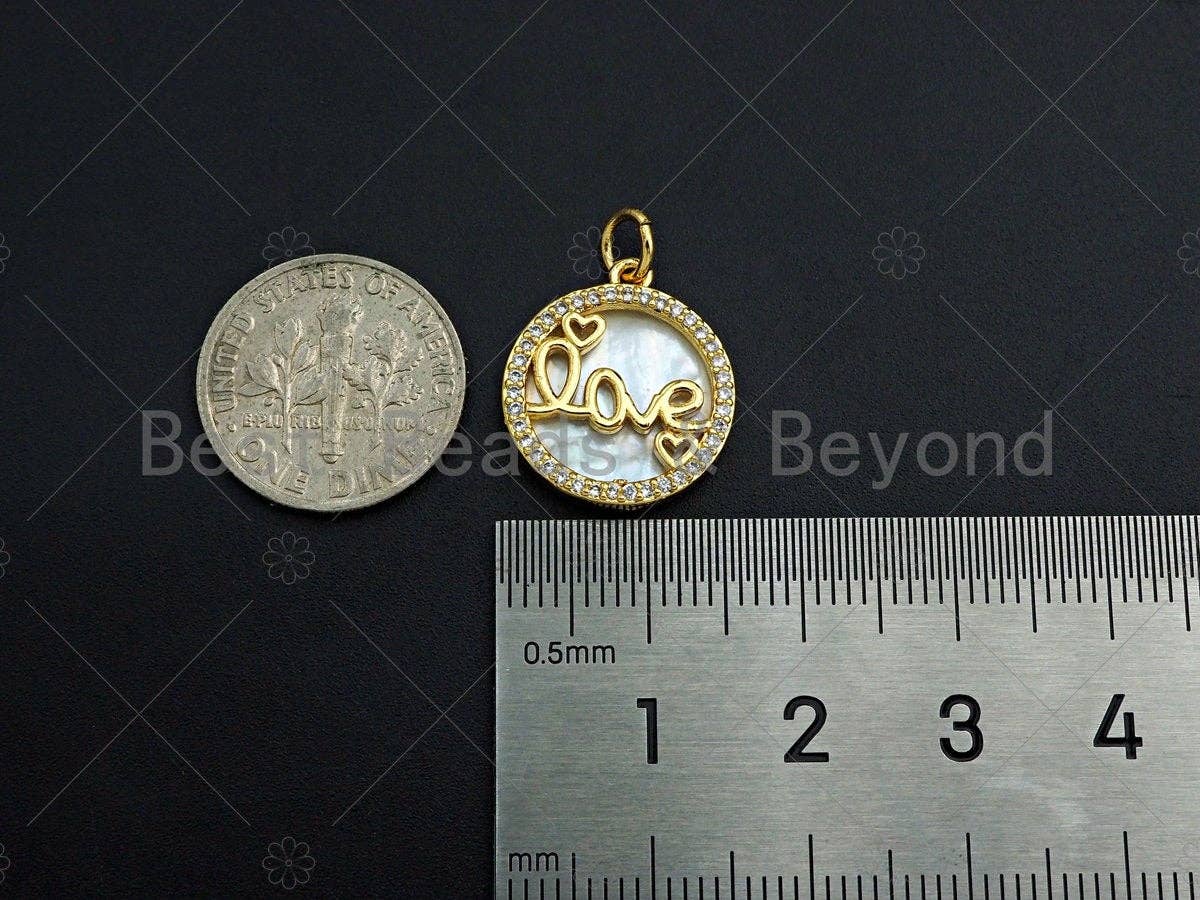 18K Gold CZ Micro Pave Love on Mother-of-pearl Pendant Charm, Cubic Zirconia Love Heart Charm, 16mm,sku#Z1117