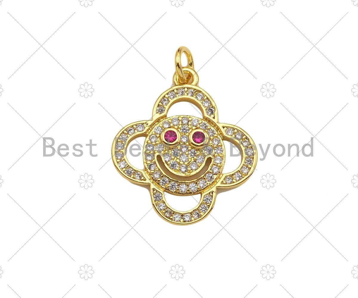 CZ Micro Pave Smiley Face with Fuchsia Eye On Clover Shape Pendant, 18K Gold Charm, Necklace Bracelet Charm Pendant,18x21mm,Sku#LK306