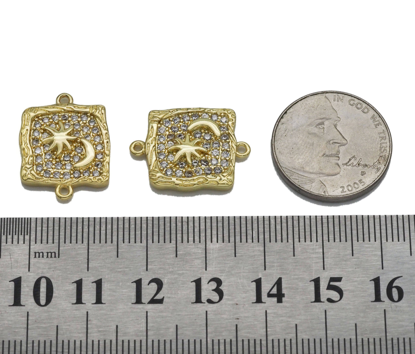 CZ Gold Star Cresent Moon Square Connector Charm, Sku#LK770