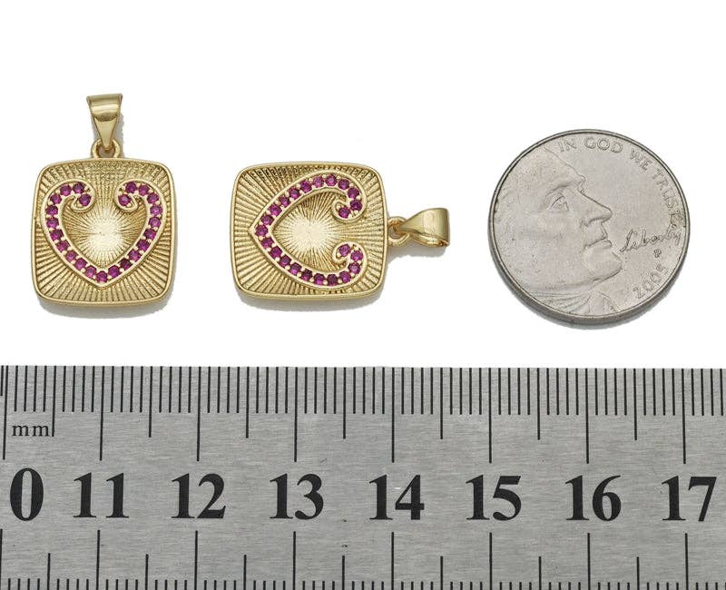 Fuchsia CZ Gold Heart On Square Tag Charm, Sku#LK759