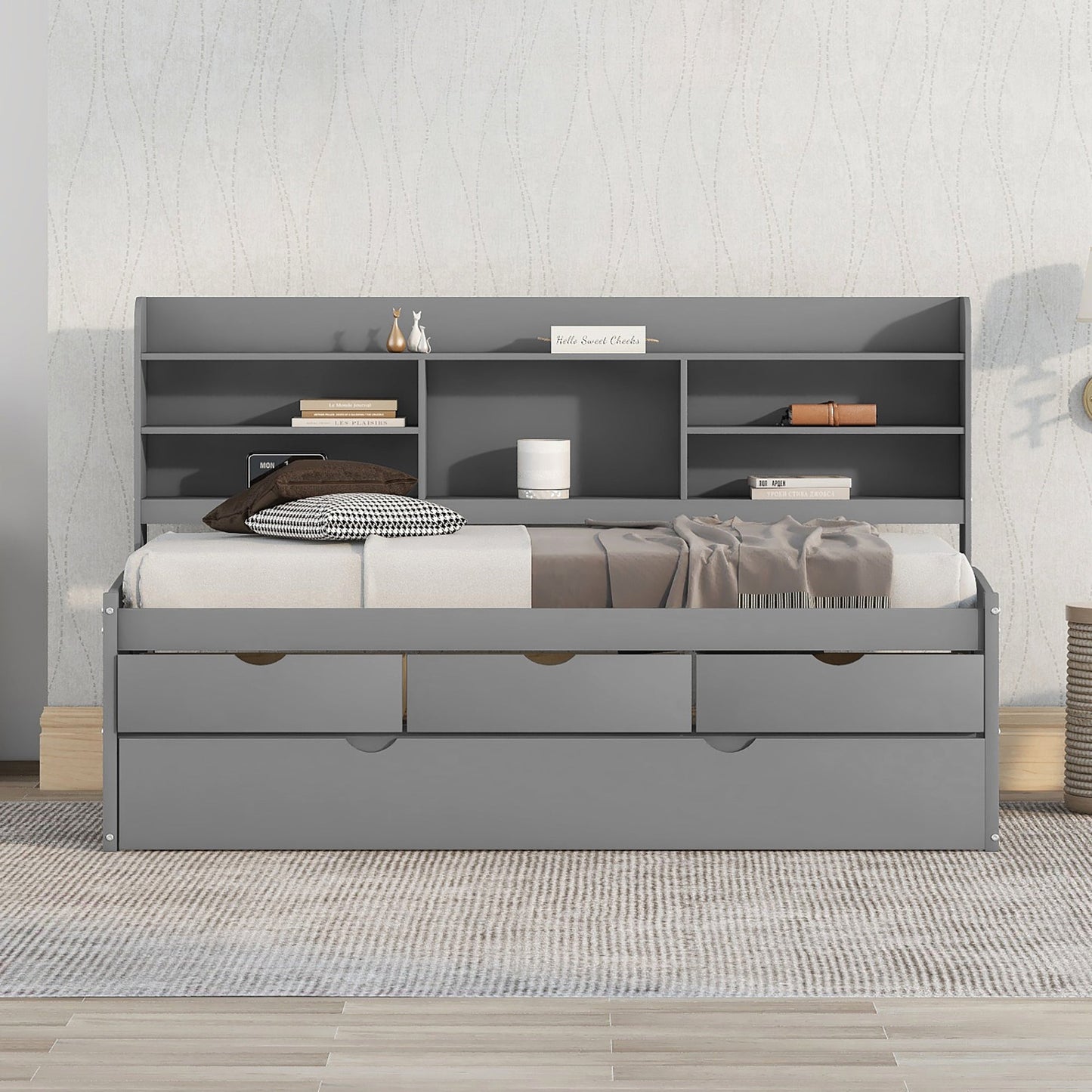 Twin Size Wooden Captain Bed with Built-in Bookshelves