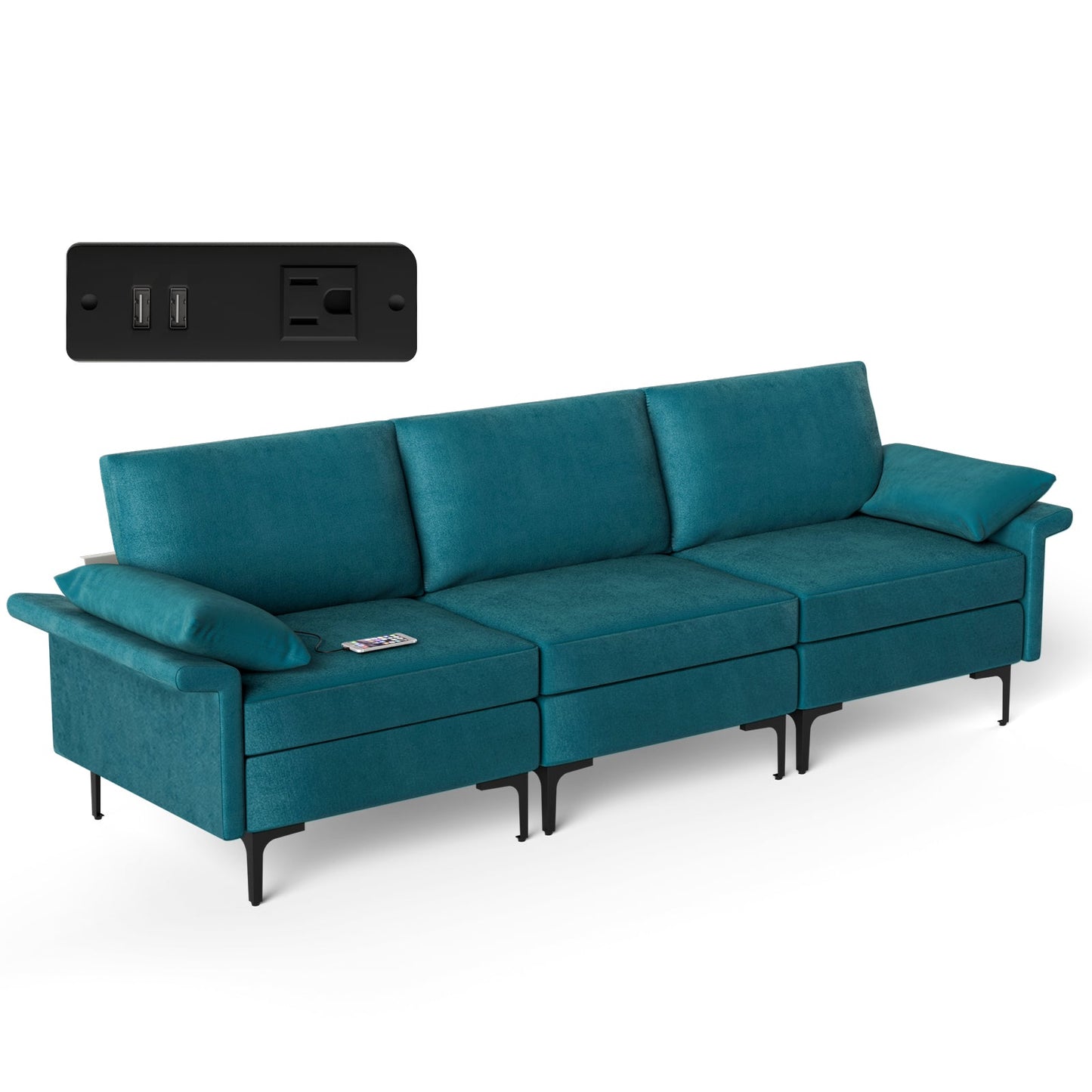 Large 3-Seat Sofa Sectional with Metal Legs and 2 USB Ports for 3-4 people