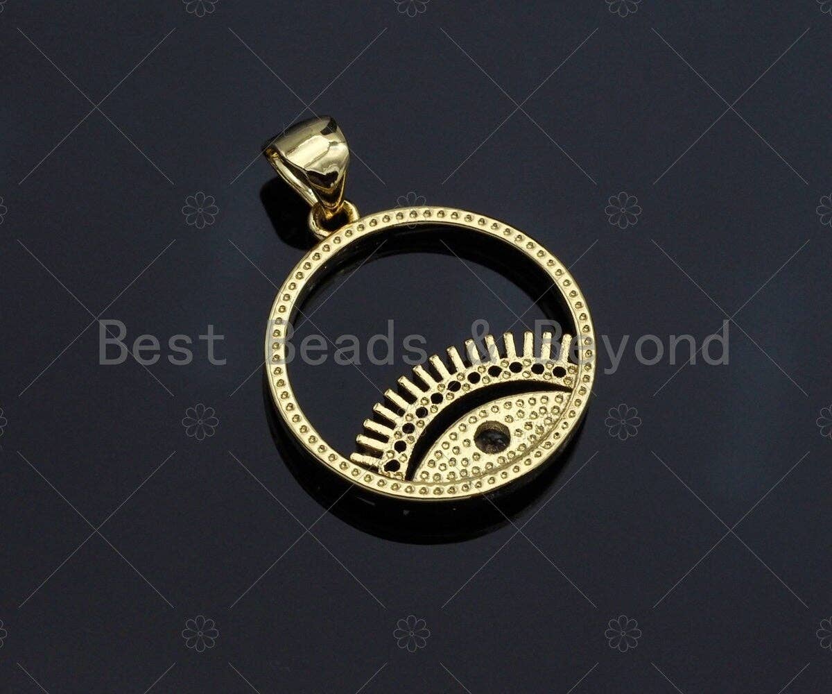 18k Dainty Gold Evil Eye With Long Eyelash On Round Ring Shape Charms, Dainty Charms,Round Ring Necklace Charms, 18x20mm, Sku#LK173