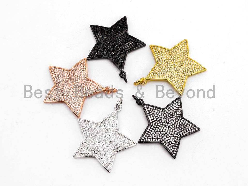 CZ Clear/Black Micro Pave Five Point Star Pendant, Star Shaped Pave Pendant, Gold/Rose Gold/Silver/Gunmetal plated, 32x33mm, Sku#F401