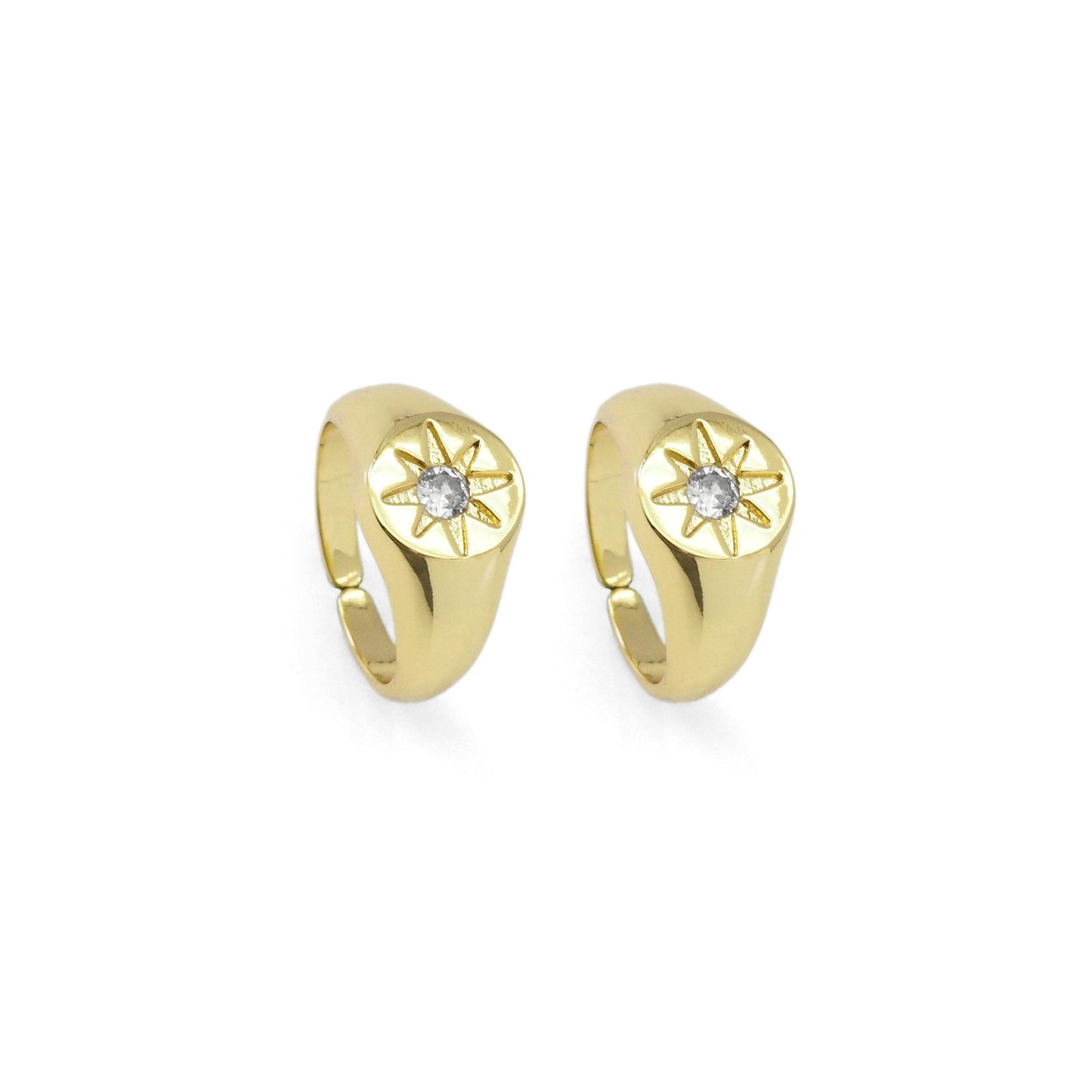 Gold CZ North Star Signet Adjustable Ring, Sku#LX326