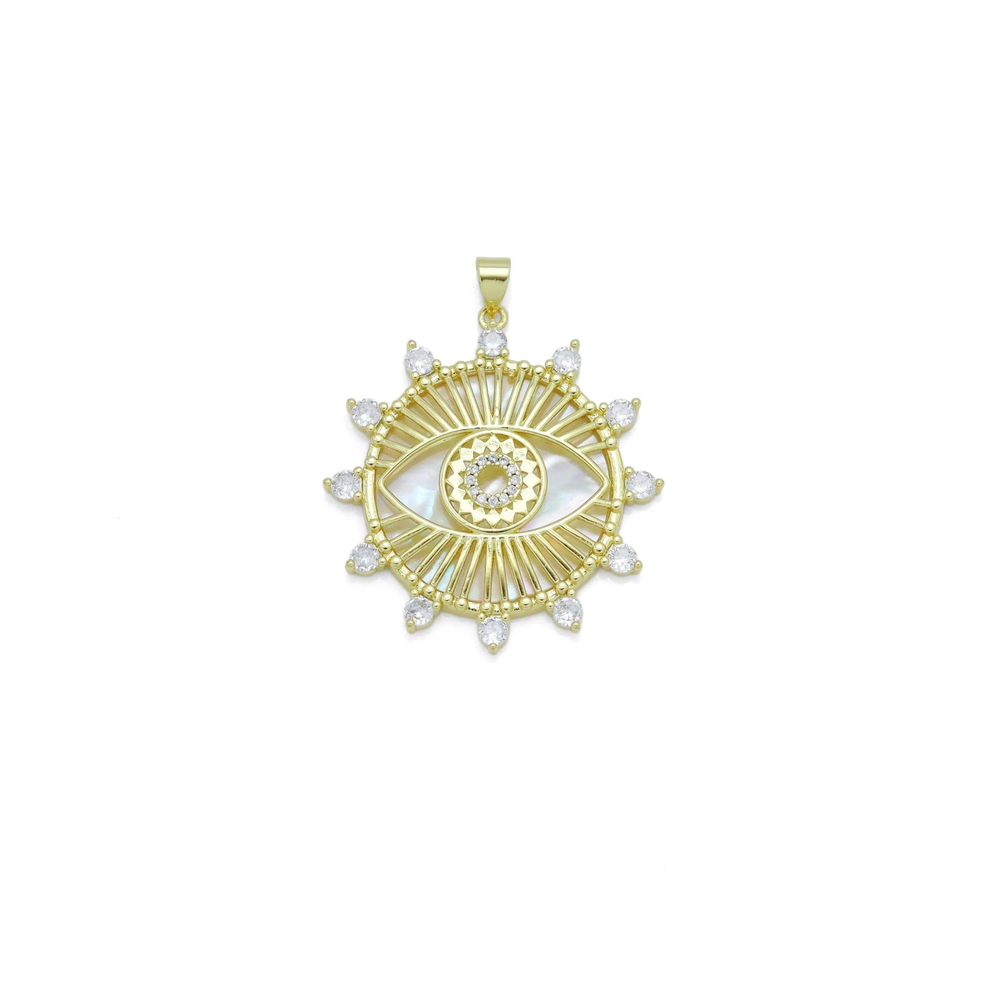 CZ Pave Spike Gold Evil Eye Mother of Pearl Pendant, Sku#LX631