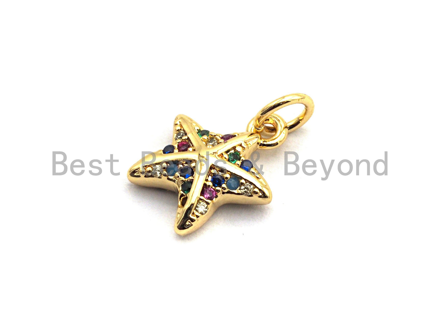 CZ Colorful Micro Pave Starfish Pendant, Starfish Shaped Pave Pendant, Gold plated, 10x12mm, Sku#F824