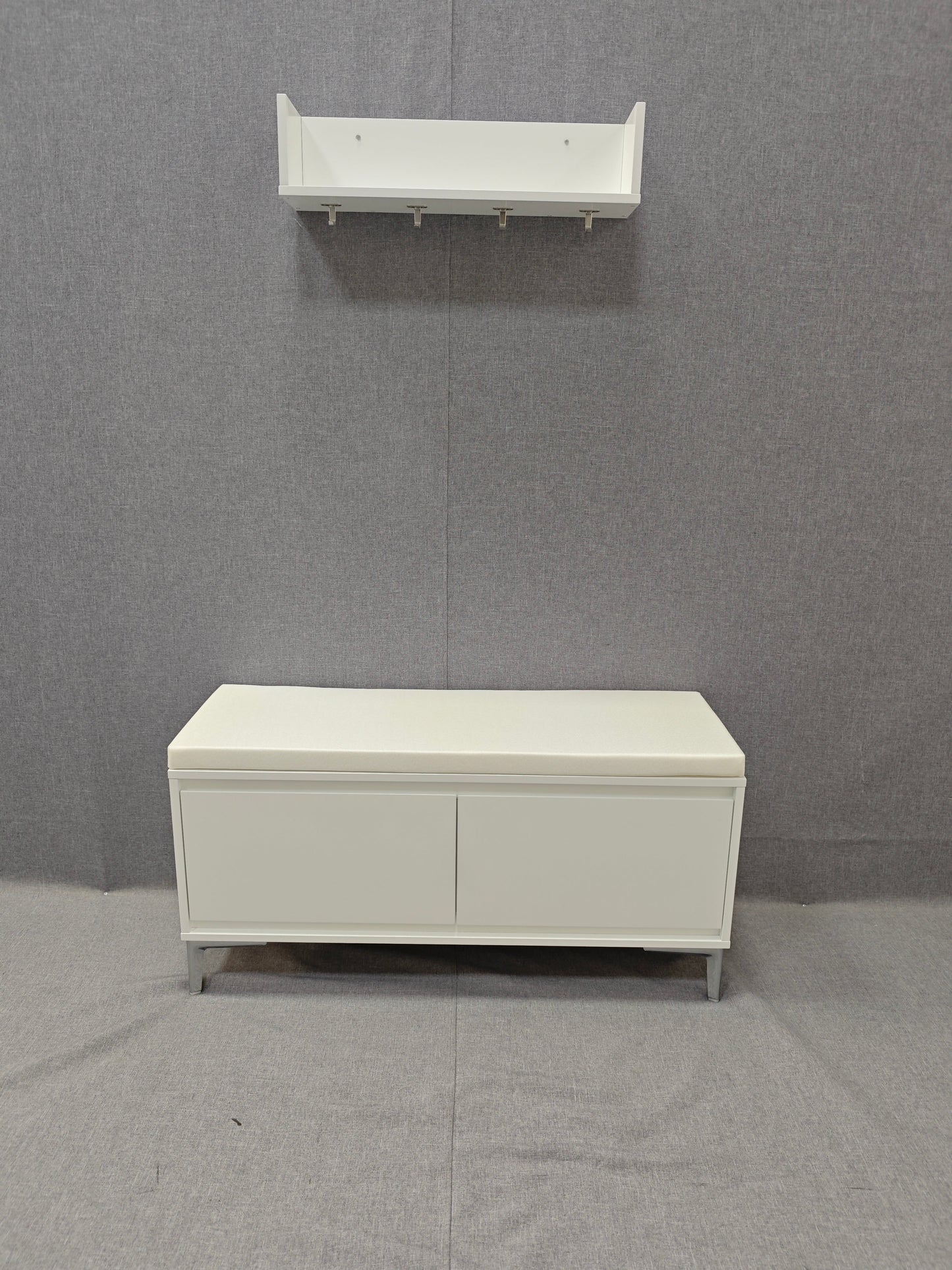 Wall-Mounted Entryway Shelf with Hooks and Storage Bench Set