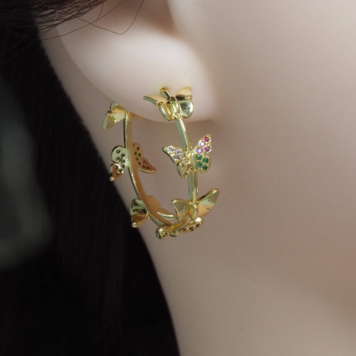 Gold Silver Colorful CZ Butterfly Hoop Earrings, Sku#LX208