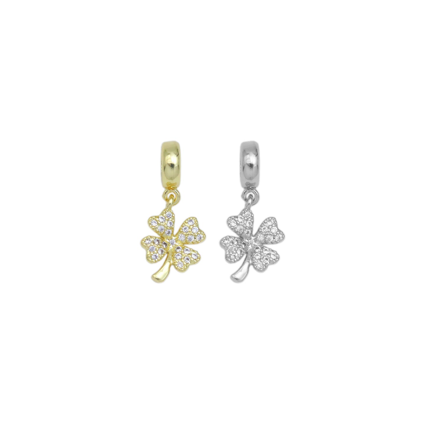 Gold/Silver CZ Micro Pave Lucky Clover Pendant, Big hole Eur