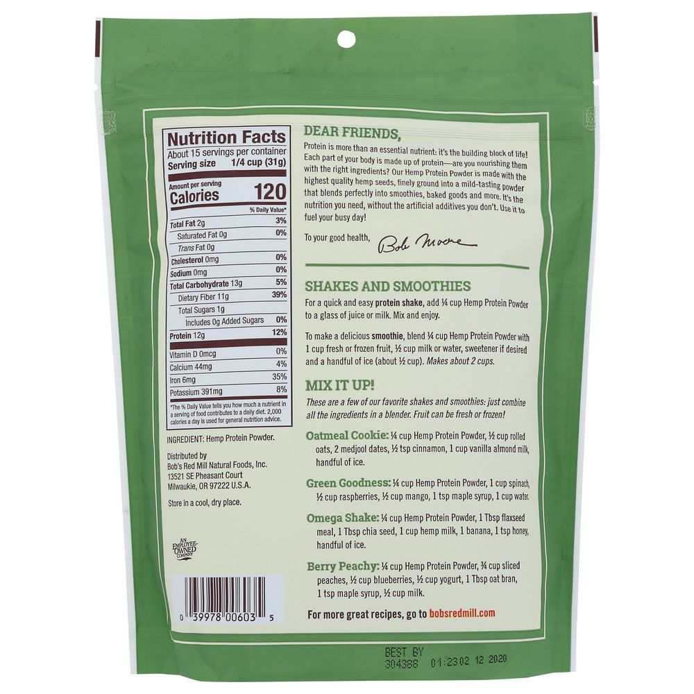BOB'S RED MILL: Hemp Protein Powder, 16oz - Plant-Based Protein Source