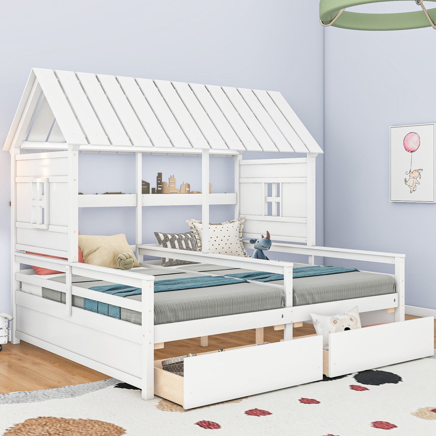 Twin Size House Platform Beds with Storage Drawers