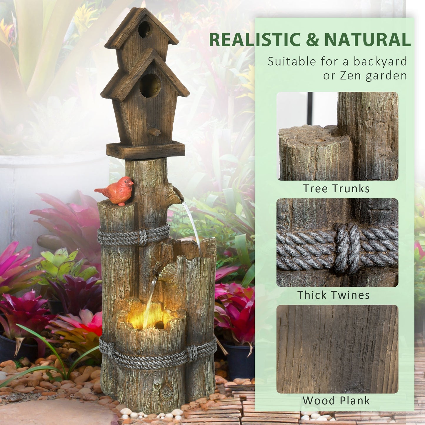 Outsunny Outdoor Fountain with Birdhouse and LED Lights