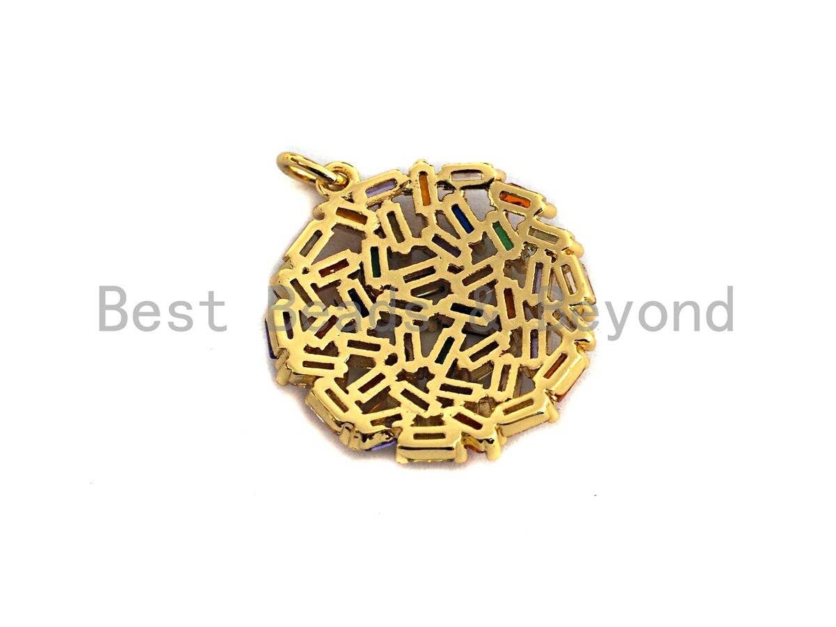 Colorful Baguette CZ Micro Pave Round Shaped Rose Flower Cluster Pendant, Cz Pave Bracelet Necklace Pendant in Gold Finish,21x23mm, sku#F909