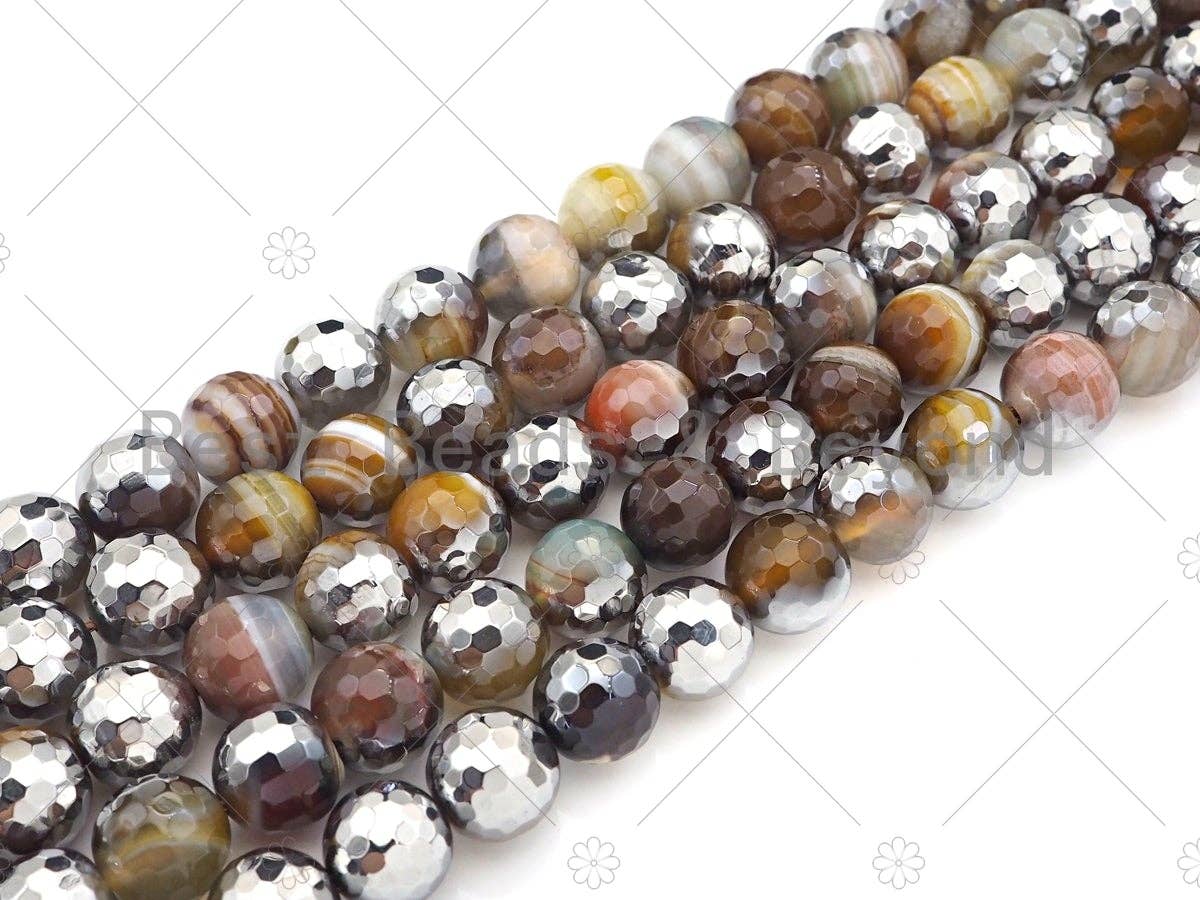 Natural Half Silver Plated Brown Agate Beads, 8mm/10mm/12mm Round Faceted Brown Green Beads, 15.5 Full Strand, sku# UA124