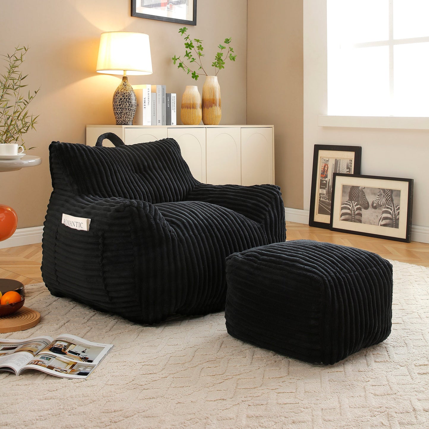 Giant Plush Bean Bag Chair for Adults with Armrests and Footstool