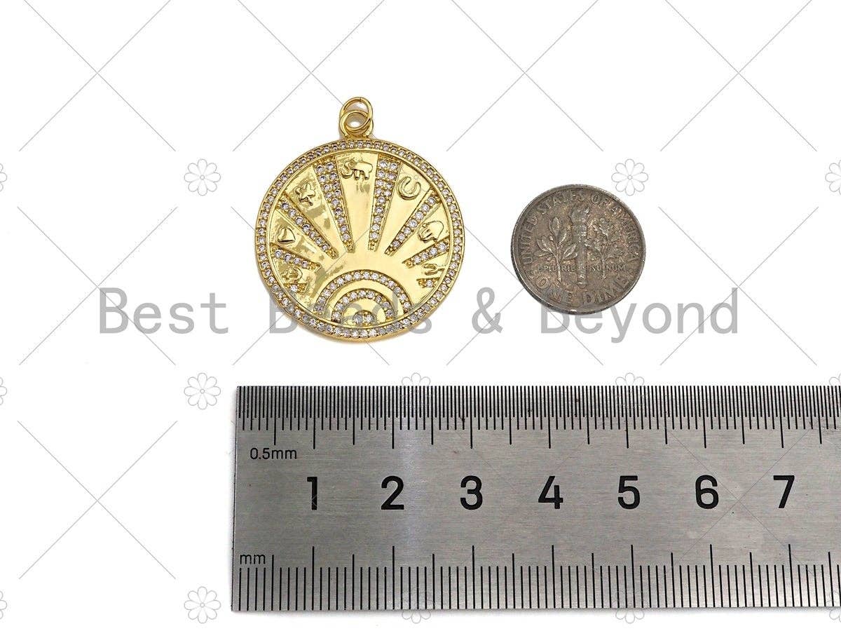 CZ Micro Pave Radiate On Round Coin Pendant/Charm,Cubic Zirconia Star Moon Hand Charm, Necklace Bracelet Charm Pendant,28x32mm, Sku#Y393
