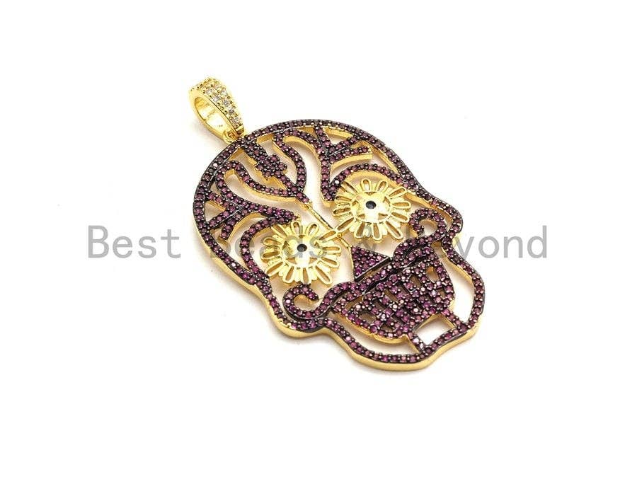 CZ Micro Pave Skull Pendant,Skull Pave Pendant,Turquoise/Fuchsia/Green/Cobalt/Black, Halloween Pave, 30x47mm, Sku#F669