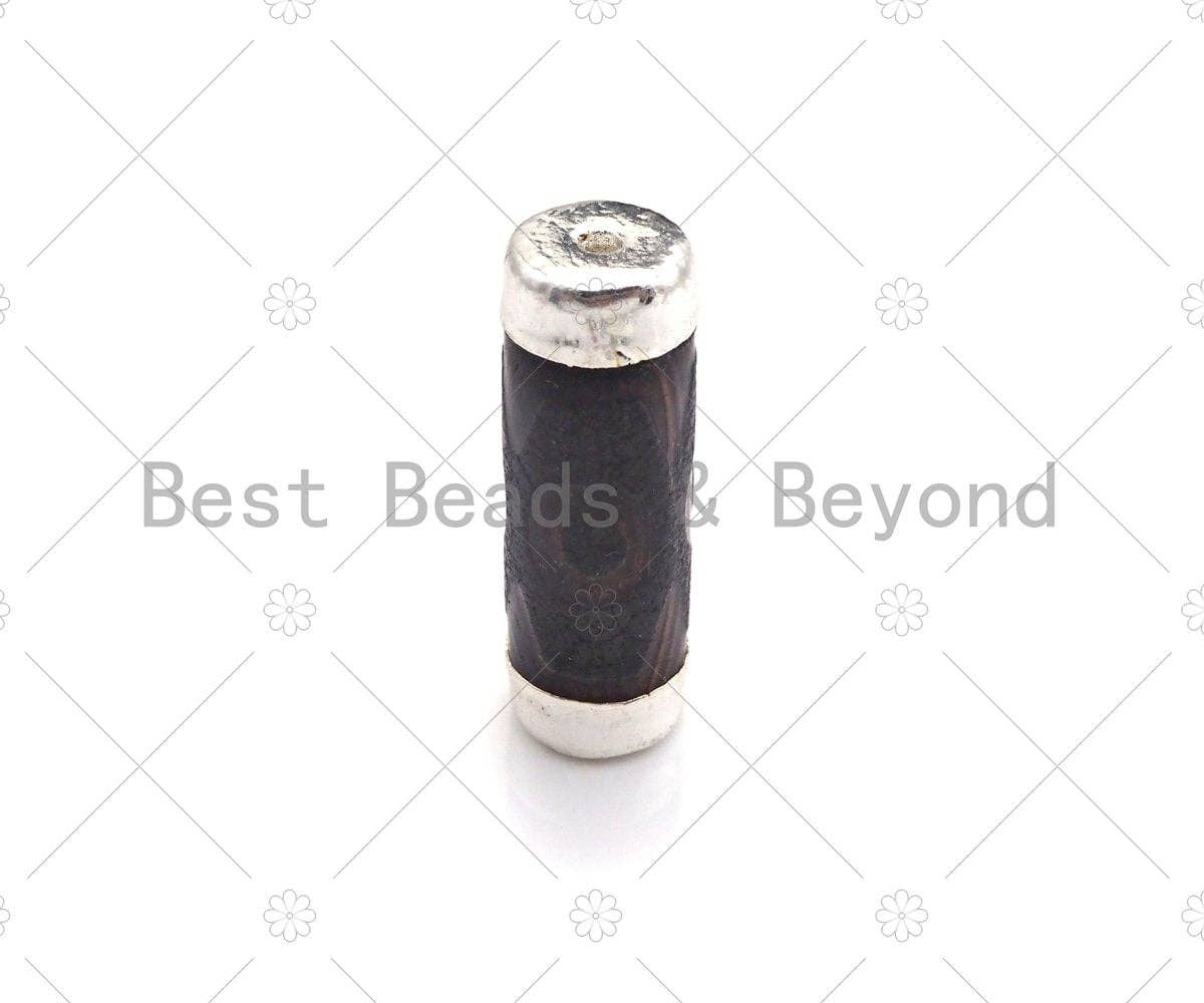 Large Natural Tibetan Agate Barrel Shape Spacer Beads, Silve