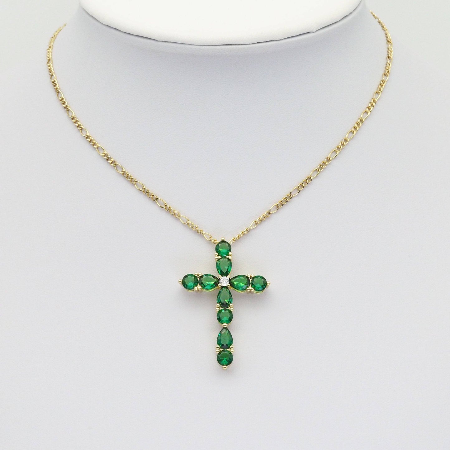 Green Teardrop CZ Gold Cross Charm, Sku#LX356