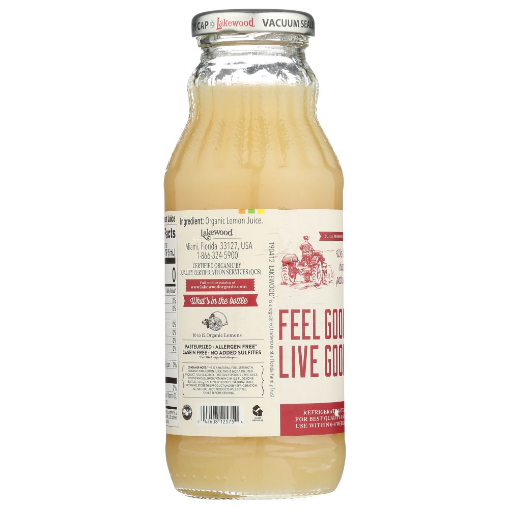 LAKEWOOD: Organic Pure Juice Lemon, 12.5 oz
