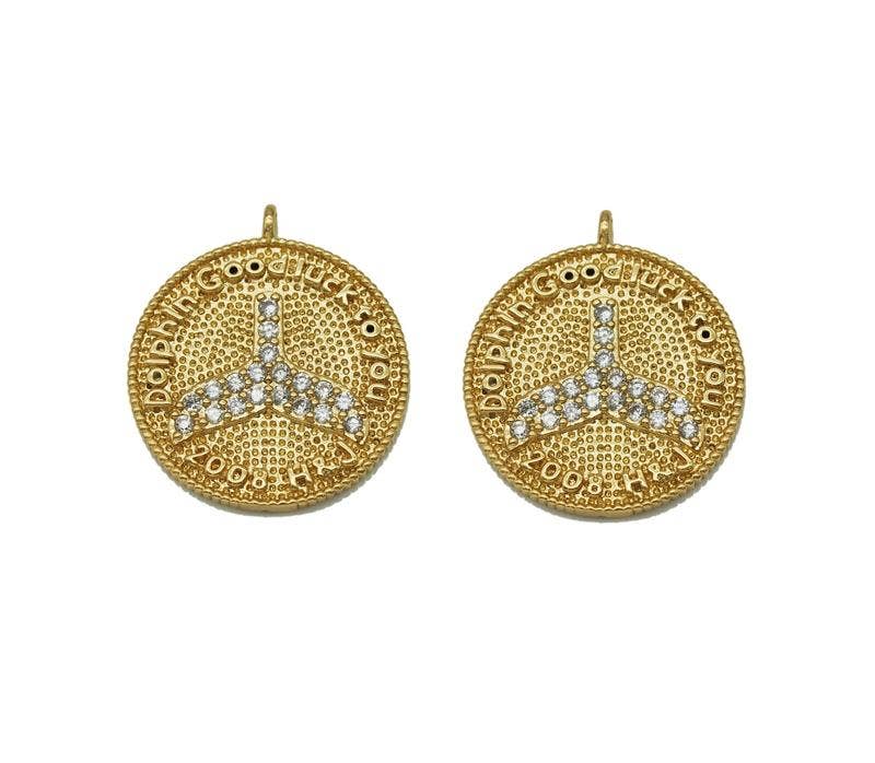 CZ Shark Tail On Round Coin Charm, Sku#LK646