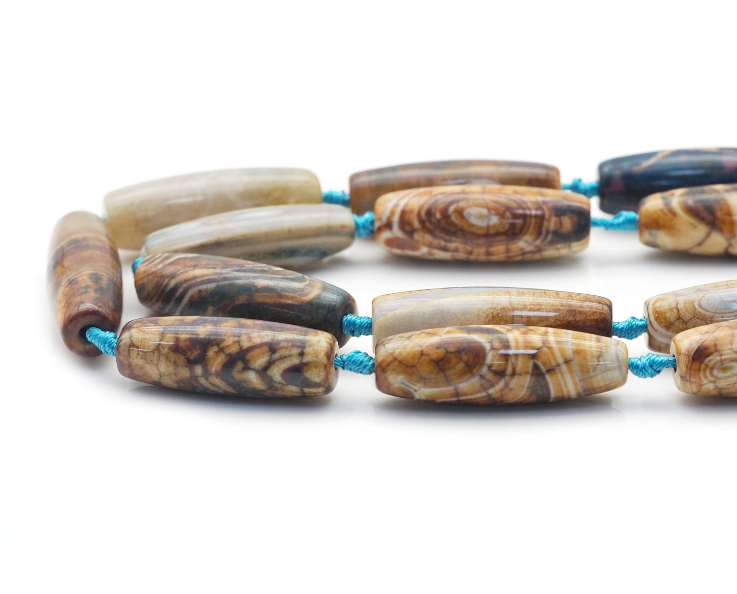 Natural Blue Brown Tibetan Agate Barrel Smooth Agate, 14x40mm Focal Beads, Sku#U1439