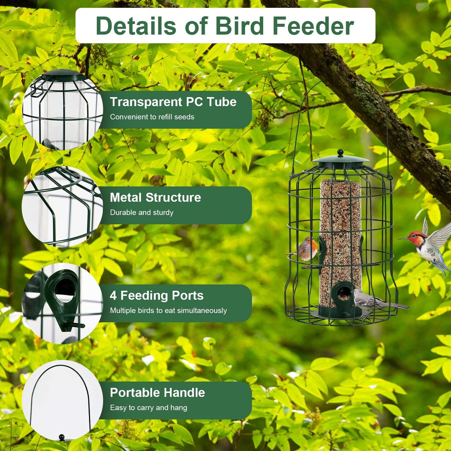 Metal Bird Feeder: Squirrel-Proof Seed Feeder with 4 Ports
