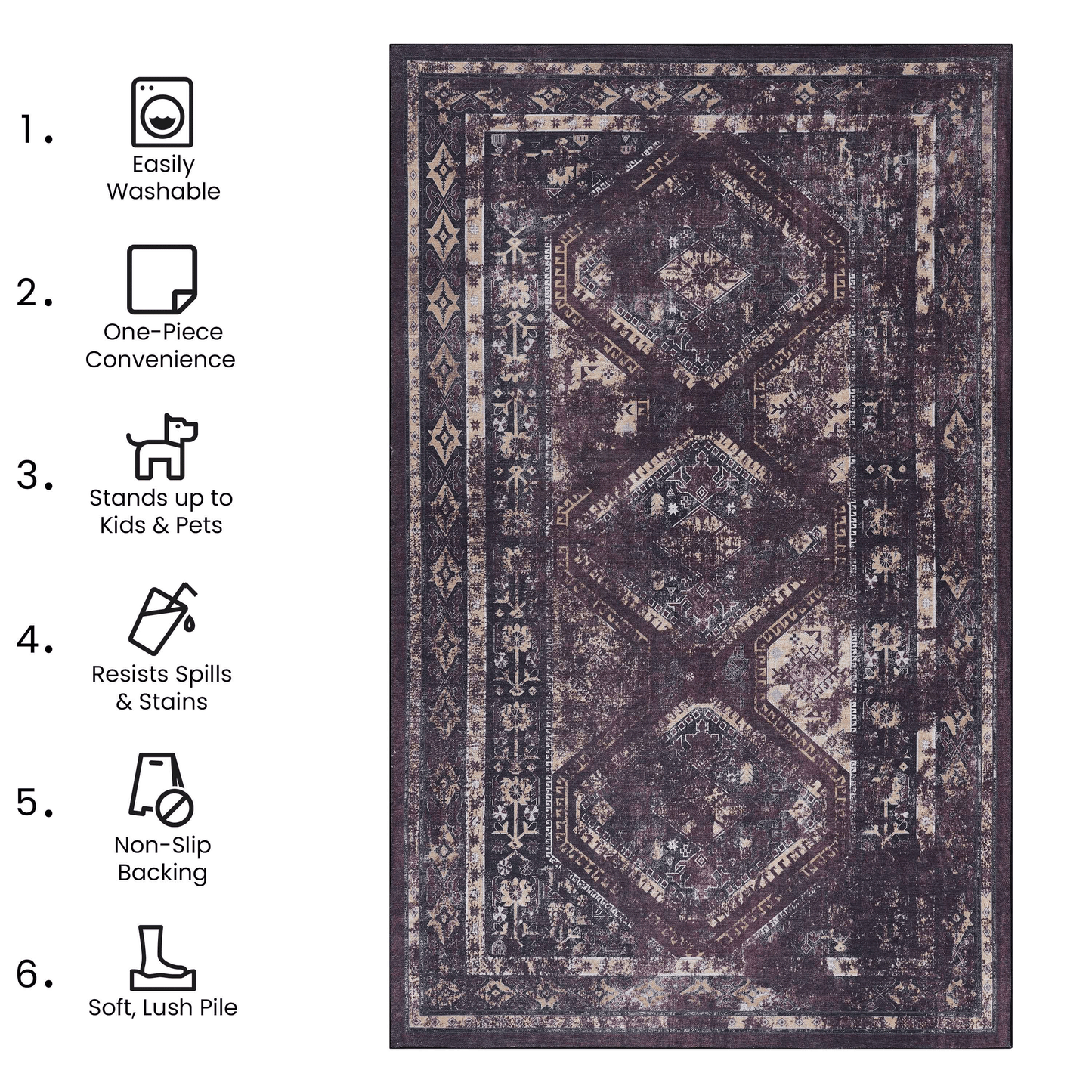 MAVAL Burgundy Washable Rug 9x12 Area Rug